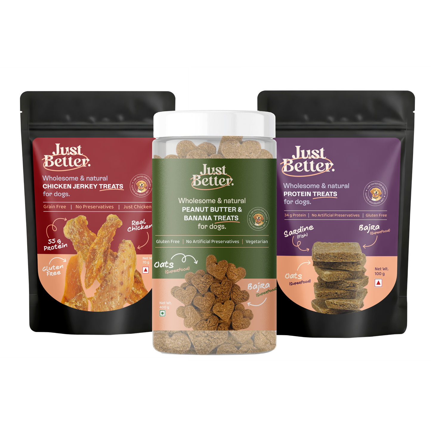 The Ultimate Training Treat Combo for Dogs | Protein treats (100g), Peanut Butter & Banana Treat (400g) & Chicken Jerky (70g)