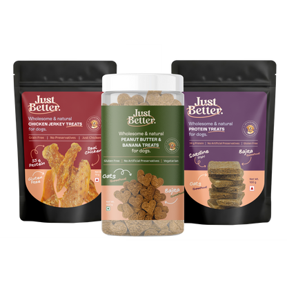 The Ultimate Training Treat Combo for Dogs | Protein treats (100g), Peanut Butter & Banana Treat (400g) & Chicken Jerky (70g)