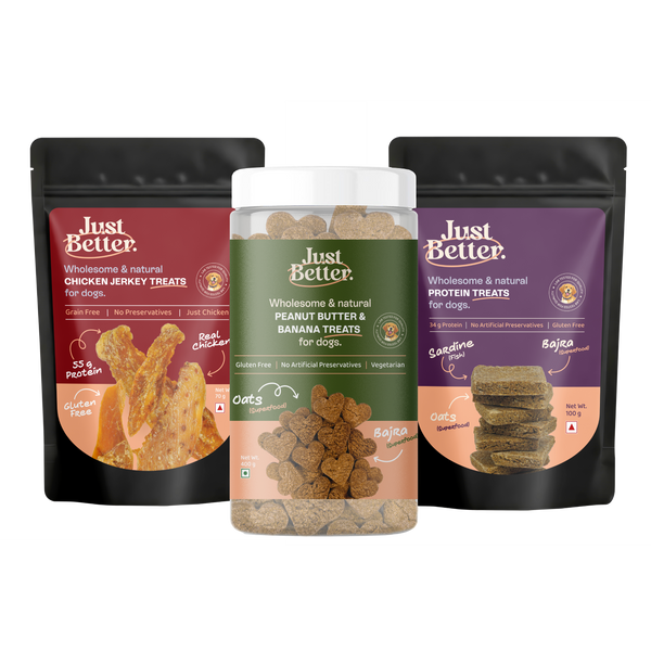 The Ultimate Training Treat Combo for Dogs | Protein treats (100g), Peanut Butter & Banana Treat (400g) & Chicken Jerky (70g)